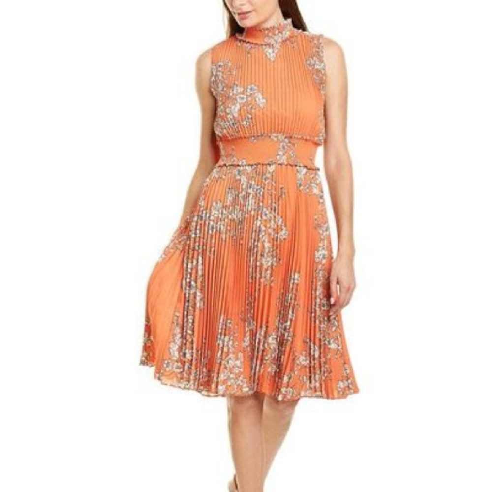 NWT Nanette Lepore Orange High Neck Sleeveless Pleated Dress Size 8